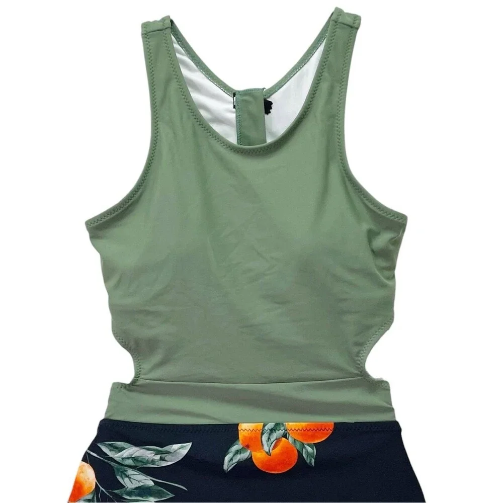 NWT Cupshe Miss U Citrus Print Cutout One Piece Swimsuit Zip Back Tie Waist Sz M